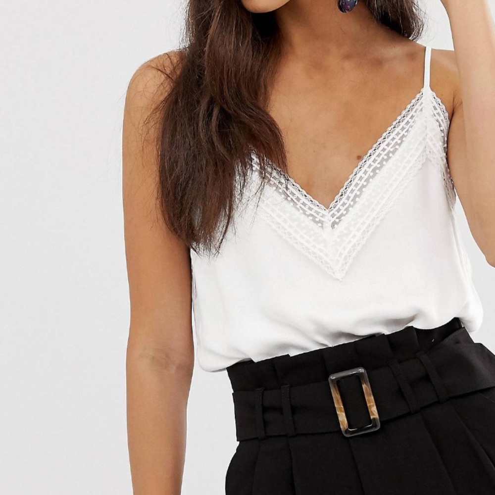 White / black cami with lace trim